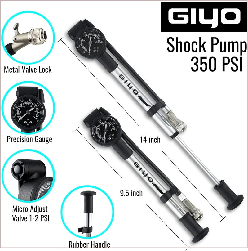 Giyo مضخة صدمات عالية الضغط (350 PSI) – قفل ذراع قوي لمنع فقدان الهواء، برميل ألمنيوم، مقياس قرص 1.5 بوصة، صمام تخفيف دقيق، خرطوم دوار 360°، صنع في تايوان - Image 3